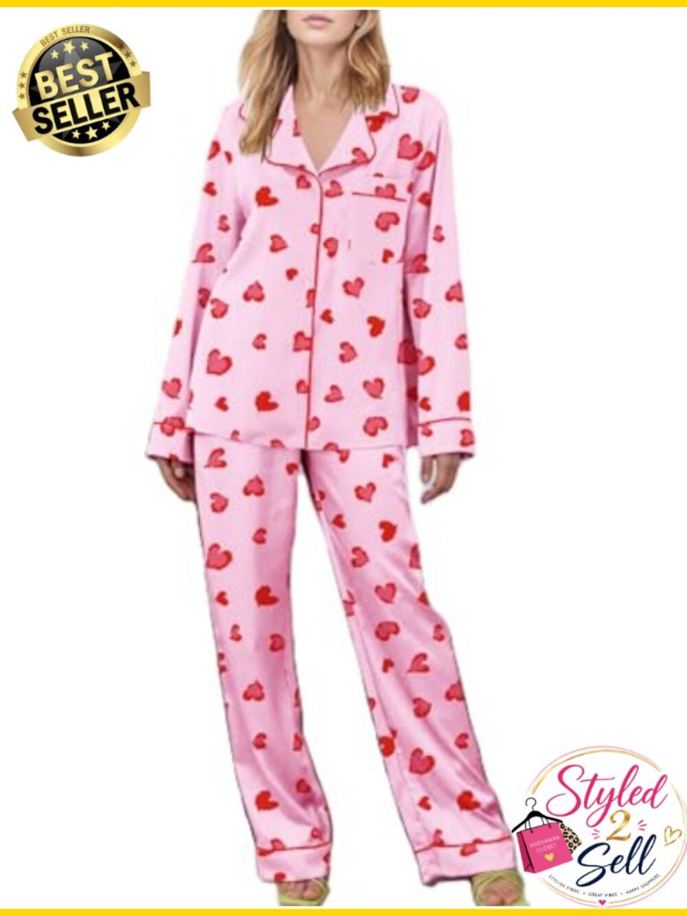 Women Satin Silk Heart Print Pajama Set Button Down Long Sleeve Loungewear